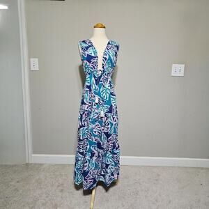 Blue Island Tropical Leaf Print V-Neck Maxi Dress - Small - Blue/Pink/Teal Boho